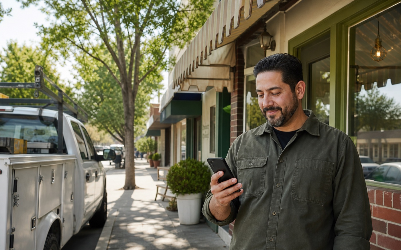 Local business owner reviewing a customer lead on a phone