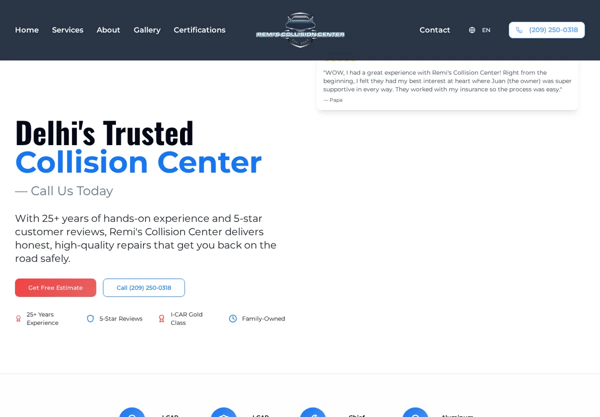 Remi's Collision Center website homepage